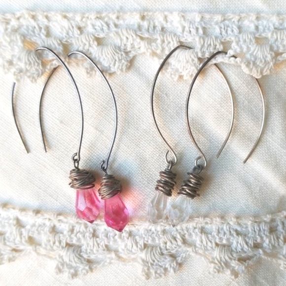 Handmade Crystal Drop Earrings - Pink or Clear in Silver - Picture 2 of 6